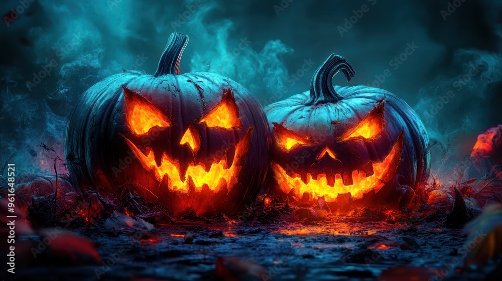 Two menacing Jack-o'-lanterns in eerie atmosphere. Two menacing Jack-o'-lanterns in eerie atmosphere.