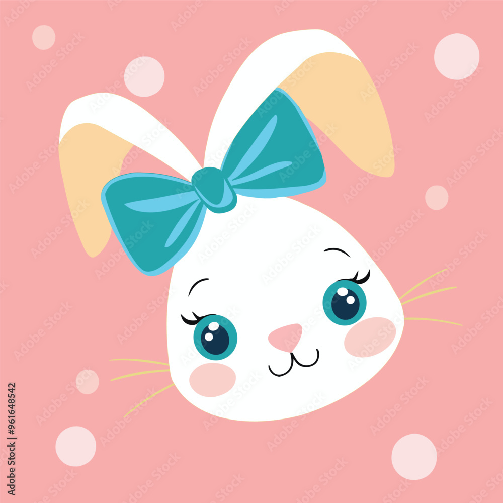 A cute little white rabbit with blue eyes, ears tied together with a blue ribbon, a light mustache, a cheerful smile, a light pink background. A cute little white rabbit with blue eyes, ears tied together with a blue ribbon, a light mustache, a cheerful smile, a light pink background.
