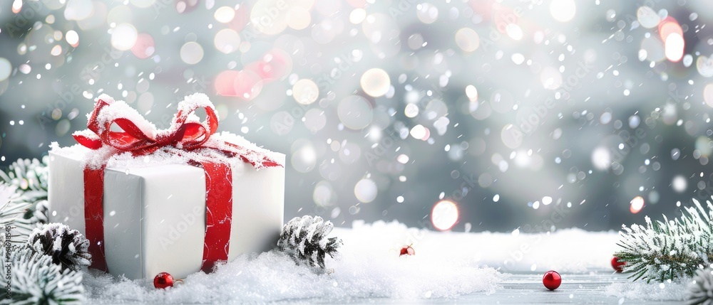 A with white gift box with red decoration and snow on grey background. Snow falling concept. A with white gift box with red decoration and snow on grey background. Snow falling concept.