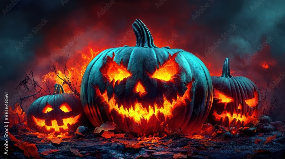 Fototapeta premium Eerie jack-o'-lanterns burning under ominous sky