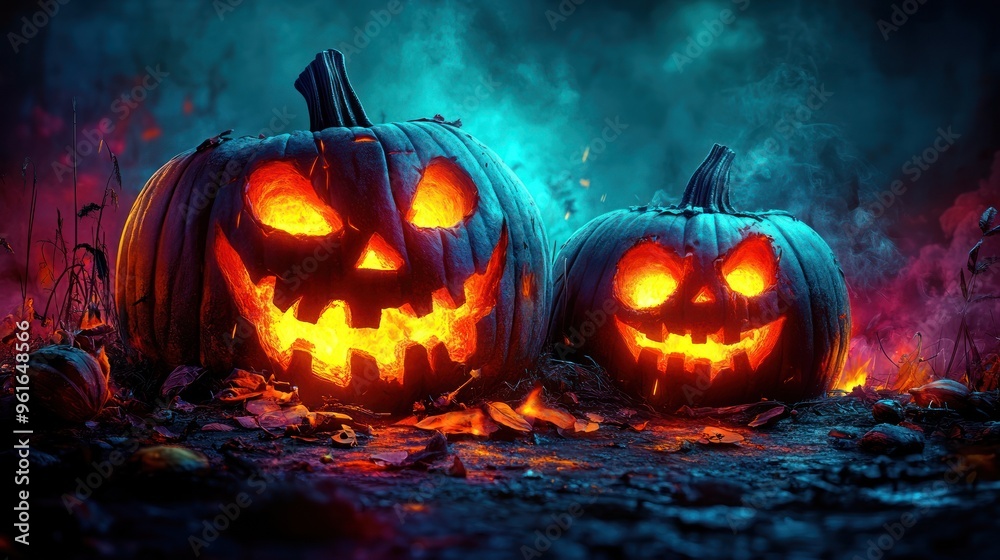 Scary glowing pumpkin faces in foggy, dark setting. Scary glowing pumpkin faces in foggy, dark setting.