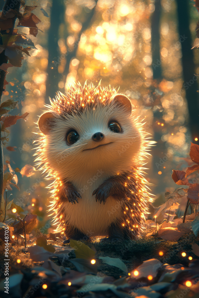 Stylized, abstract hedgehogs with glowing spikes in brown, cream, and green,