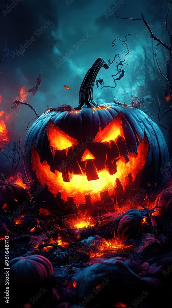 Giant scary jack-o'-lantern in dark eerie forest scene Giant scary jack-o'-lantern in dark eerie forest scene