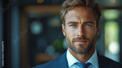 Confident man in a suit poses for a portrait in a modern office during the late afternoon