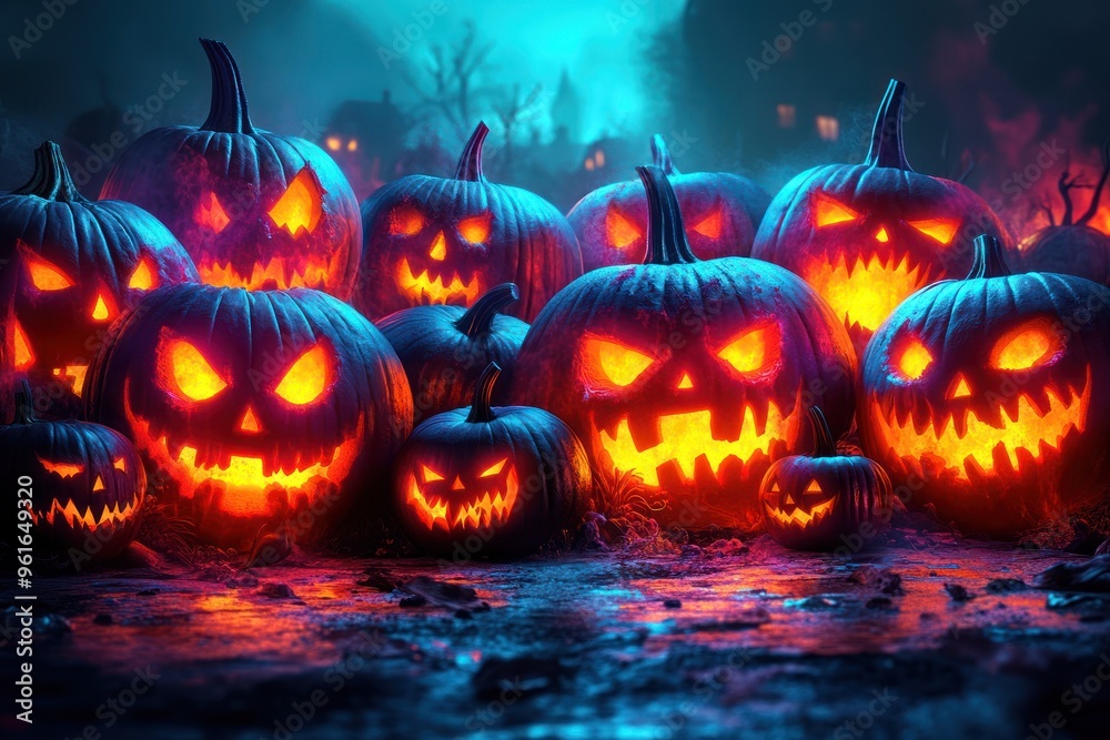 Naklejka premium Vibrant display of jack-o'-lanterns with glowing faces