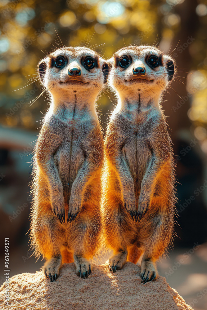 Fototapeta premium Stylized, abstract meerkats with glowing patterns in tan, brown, and cream,