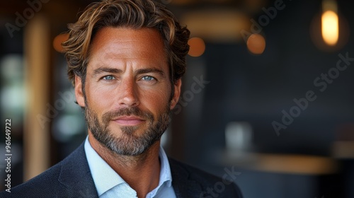 A confident man with a beard and blue eyes poses in a stylish indoor setting, showcasing a sophisticated look during a social gathering