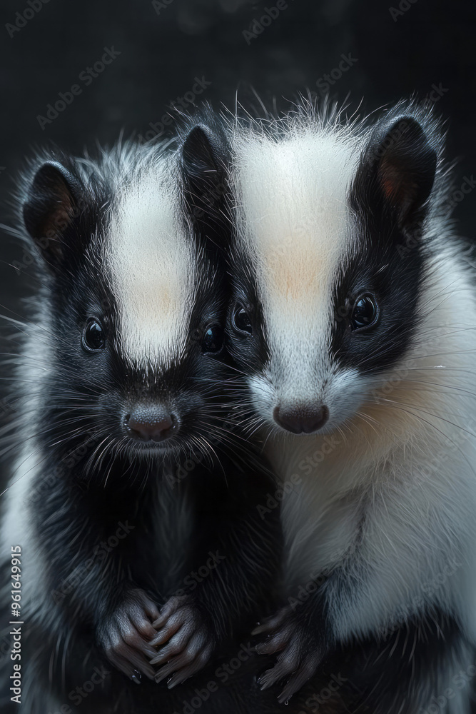 Stylized, abstract skunks with glowing stripes in black, white, and gray, Stylized, abstract skunks with glowing stripes in black, white, and gray,