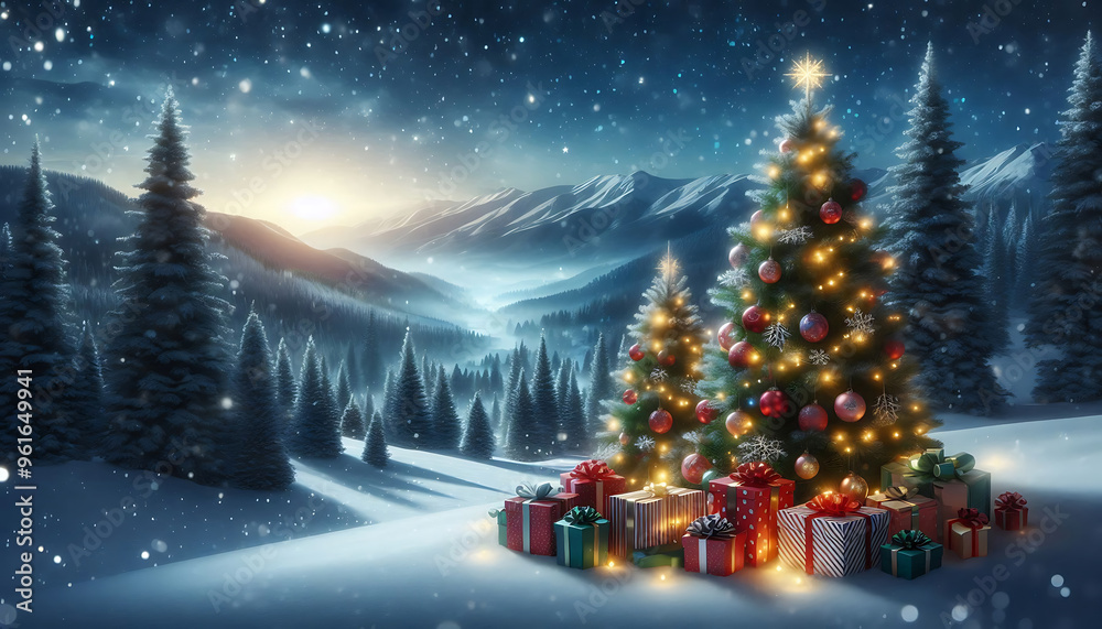 Obraz premium A winter landscape featuring two decorated evergreen trees adorned with ornaments and twinkling lights positioned on either side of a snowy scene
