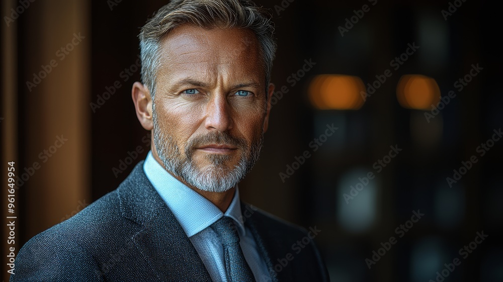 Confident business professional wearing a tailored suit, gazing thoughtfully in a sophisticated indoor setting during late afternoon Confident business professional wearing a tailored suit, gazing thoughtfully in a sophisticated indoor setting during late afternoon