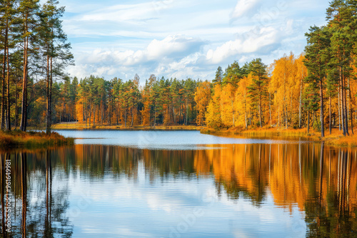Golden Hues Mirrored: A Serene Lake Reflects Autumn's Embrace