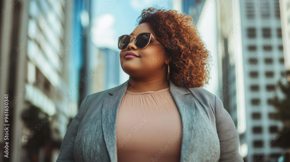 Fashionable plus size woman in a chic outfit, standing proudly on a city street Fashionable plus size woman in a chic outfit, standing proudly on a city street