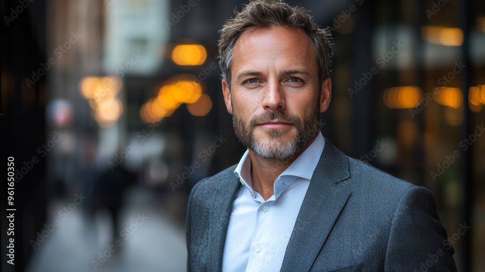 A well-dressed man stands confidently on an urban street in the evening, illuminated by soft lights and bustling with activity