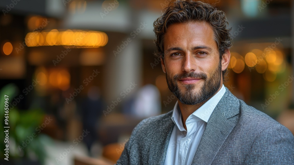 Obraz premium Confident man smiling in smart attire at a modern hotel lobby during the afternoon