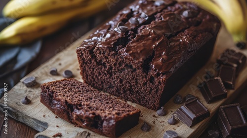 Freshly baked homemade chocolate banana bread, ready to savor. photo