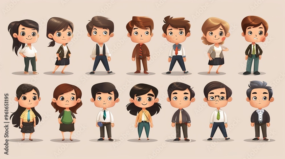 Cartoon business white - collar worker characters are busy in the office. They are wearing formal suits and ties, with briefcases in their hands. They are discussing work matters, showing professional Cartoon business white - collar worker characters are busy in the office. They are wearing formal suits and ties, with briefcases in their hands. They are discussing work matters, showing professional