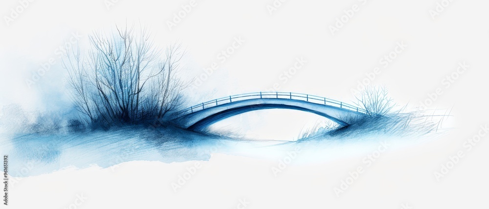 Fototapeta premium A painting of a bridge over a body of water, with trees in the foreground and fog enshrouding the background