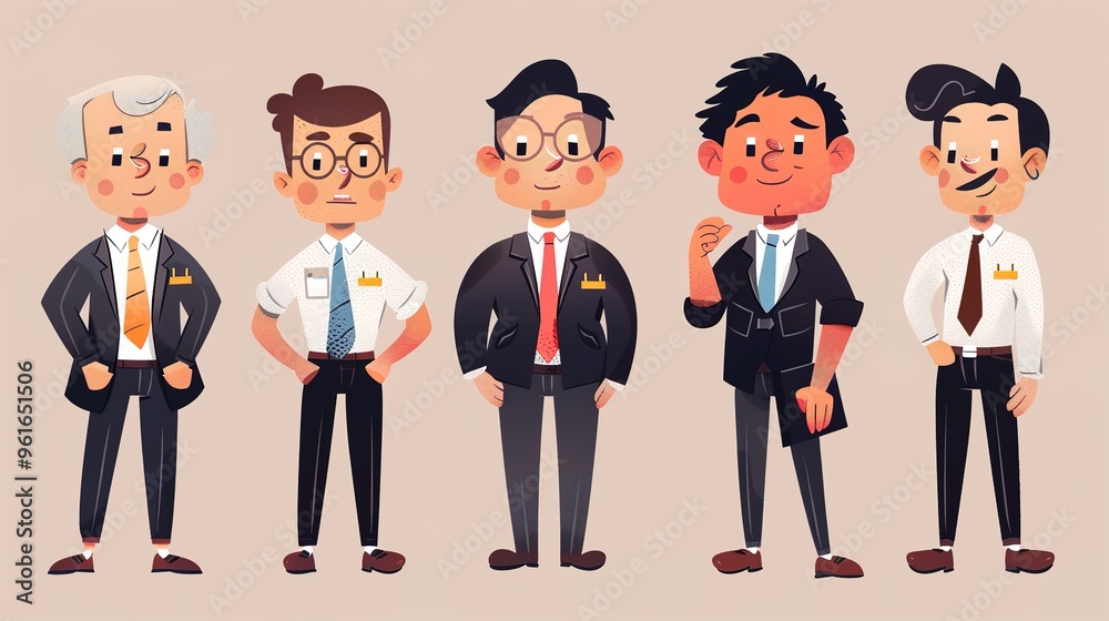 Cartoon business white - collar worker characters are busy in the office. They are wearing formal suits and ties, with briefcases in their hands. They are discussing work matters, showing professional Cartoon business white - collar worker characters are busy in the office. They are wearing formal suits and ties, with briefcases in their hands. They are discussing work matters, showing professional