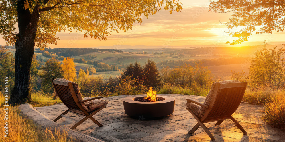 Fototapeta premium Outdoor Fire Pit Area With Wooden Chairs Overlooking Scenic Autumn Landscape at Sunset