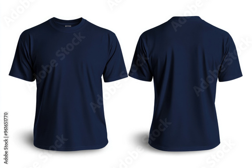 Front and back views of a Navy Blue T shrit mockup, on white background