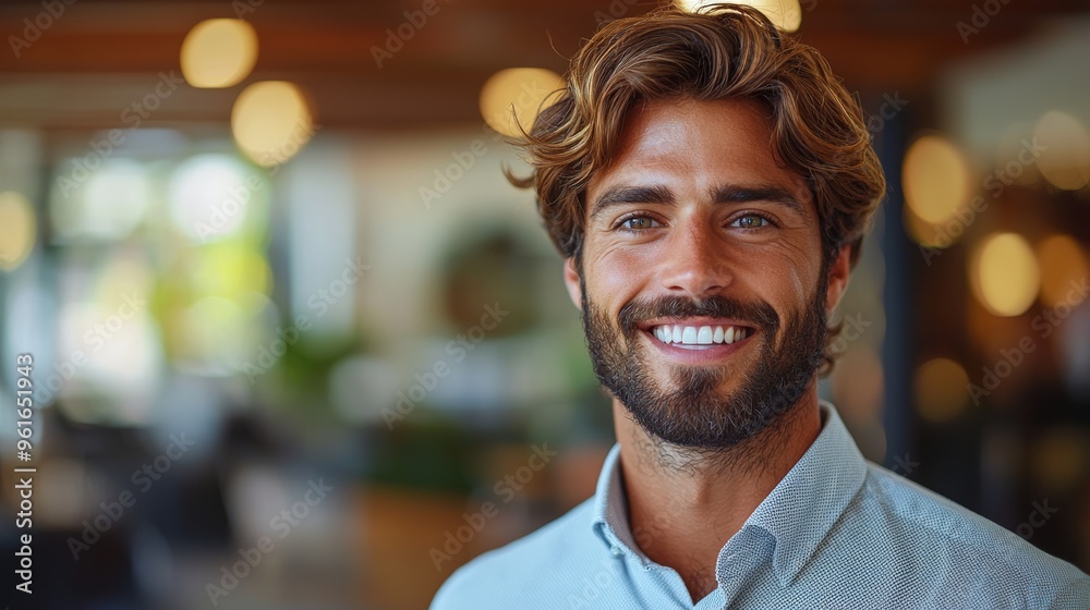 Smiling young man with wavy hair in a modern café setting during the day, showcasing a warm and inviting atmosphere Smiling young man with wavy hair in a modern café setting during the day, showcasing a warm and inviting atmosphere