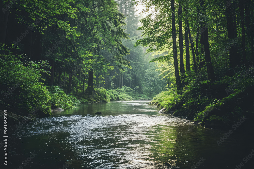 Obraz premium Sunlight Dapples Through the Canopy, Illuminating a Tranquil River Flowing Through a Lush Forest