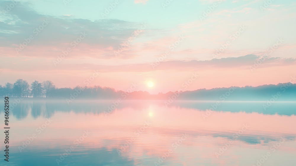 Fototapeta premium Serene sunrise over a calm lake with a soft pink and blue sky reflecting in the water, creating a peaceful and tranquil landscape scene.