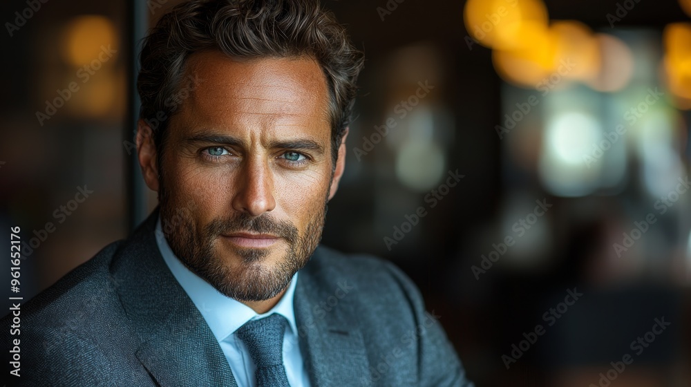 Obraz premium Confident man in a suit with striking blue eyes poses in a modern office during daylight hours