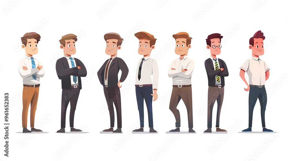 Obraz premium Cartoon business white - collar worker characters are busy in the office. They are wearing formal suits and ties, with briefcases in their hands. They are discussing work matters, showing professional