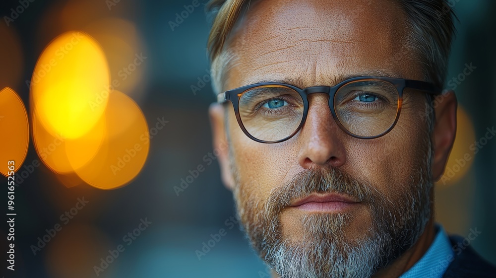 A thoughtful man with glasses and a beard posing confidently in a city setting during twilight with glowing lights in the background A thoughtful man with glasses and a beard posing confidently in a city setting during twilight with glowing lights in the background