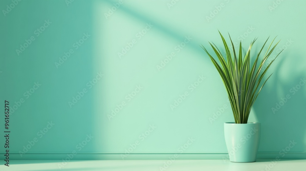Minimalistic Green Plant in White Pot on Pastel Blue Background Minimalistic Green Plant in White Pot on Pastel Blue Background