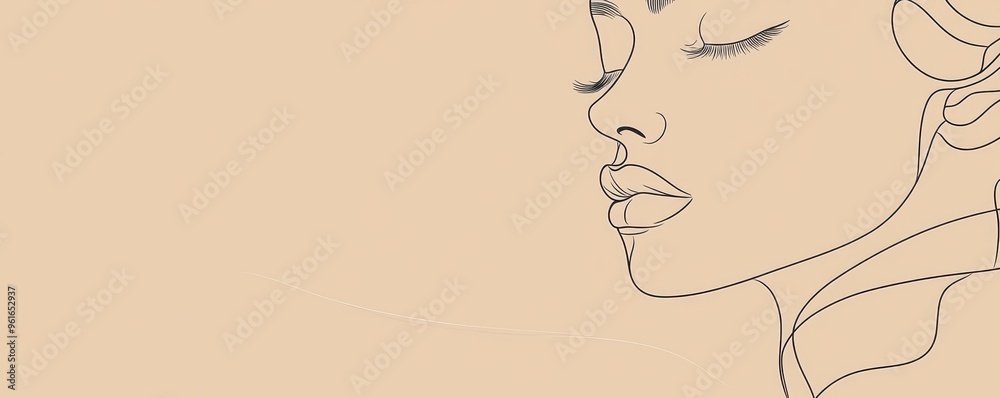 Minimalist line drawing of a serene woman's face with closed eyes on a beige background, representing calm and beauty. Minimalist line drawing of a serene woman's face with closed eyes on a beige background, representing calm and beauty.