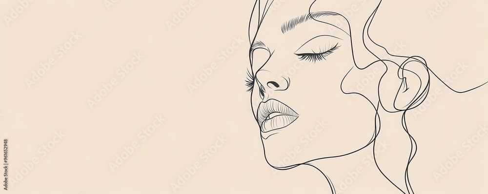 Elegant minimalist line art drawing of a woman's profile on a beige background, showcasing simplicity, beauty, and artistic expression. Elegant minimalist line art drawing of a woman's profile on a beige background, showcasing simplicity, beauty, and artistic expression.