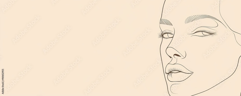 © Rattanathip - Minimalistic line drawing of a woman's face on a beige background, highlighting elegance and simplicity in artistic representation.