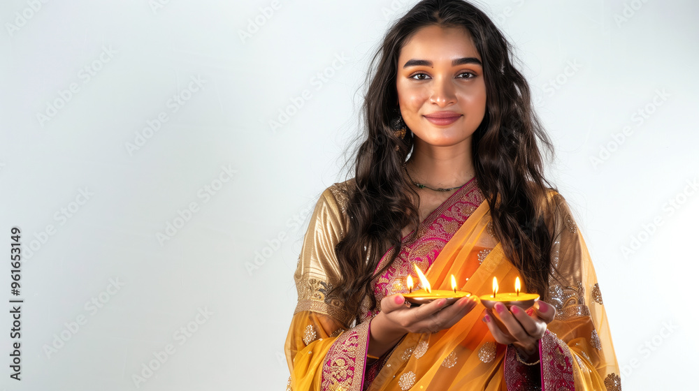 Indian woman holding diyas wearing saree for beautiful festival Indian woman holding diyas wearing saree for beautiful festival
