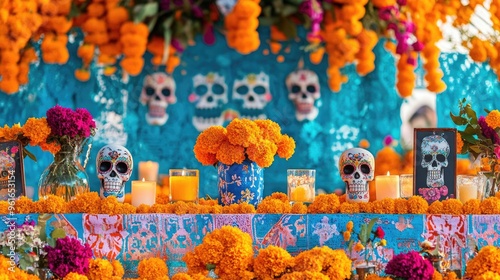 Vibrant Day of the Dead Altar with Colorful Skulls and Marigolds photo