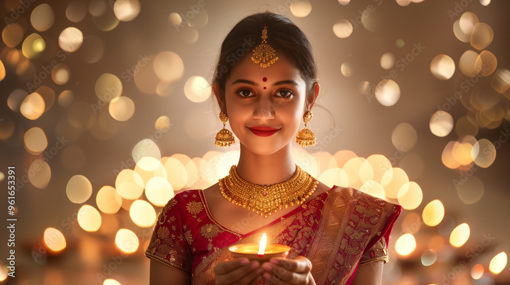 Indian woman holding diyas wearing saree for diwali festival Indian woman holding diyas wearing saree for diwali festival