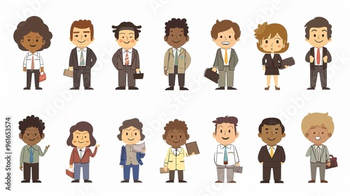 Cartoon business white - collar worker characters are busy in the office. They are wearing formal suits and ties, with briefcases in their hands. They are discussing work matters, showing professional photo