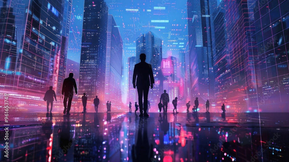 Silhouettes of people walking in a futuristic city with neon lights. Silhouettes of people walking in a futuristic city with neon lights.
