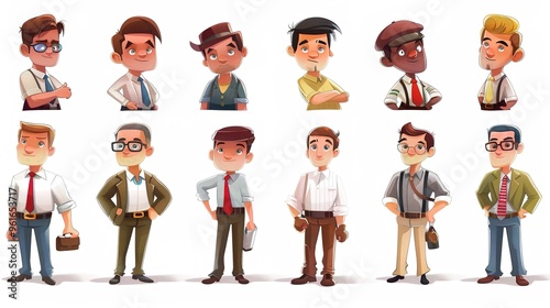 Cartoon business white - collar worker characters are busy in the office. They are wearing formal suits and ties, with briefcases in their hands. They are discussing work matters, showing professional photo