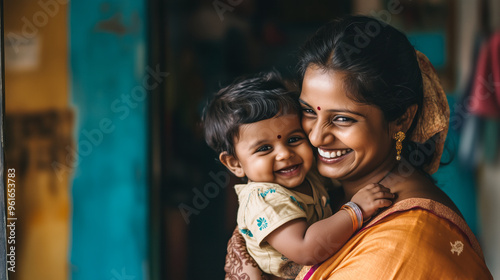 Indian woman joyfully holding her child