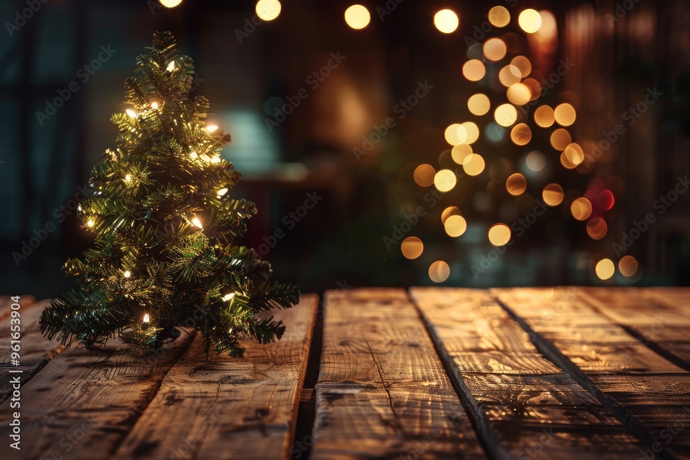 Xmas tree with warm lights and wooden table background. presentation template Xmas tree with warm lights and wooden table background. presentation template
