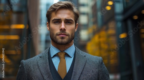 Stylish man in a tailored suit poses confidently in an urban setting with modern architecture on a sunny day