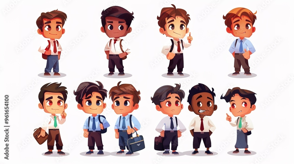 Cartoon business white - collar worker characters are busy in the office. They are wearing formal suits and ties, with briefcases in their hands. They are discussing work matters, showing professional Cartoon business white - collar worker characters are busy in the office. They are wearing formal suits and ties, with briefcases in their hands. They are discussing work matters, showing professional