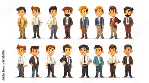 Cartoon business white - collar worker characters are busy in the office. They are wearing formal suits and ties, with briefcases in their hands. They are discussing work matters, showing professional photo