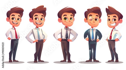 Cartoon business white - collar worker characters are busy in the office. They are wearing formal suits and ties, with briefcases in their hands. They are discussing work matters, showing professional photo