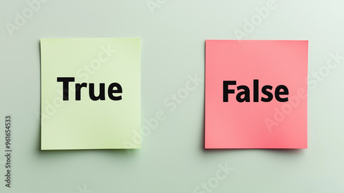 True and false signs on sticky notes, concept of decision making and judgment, correct versus incorrect choice, truth versus lies, minimalist educational design, two opposite options