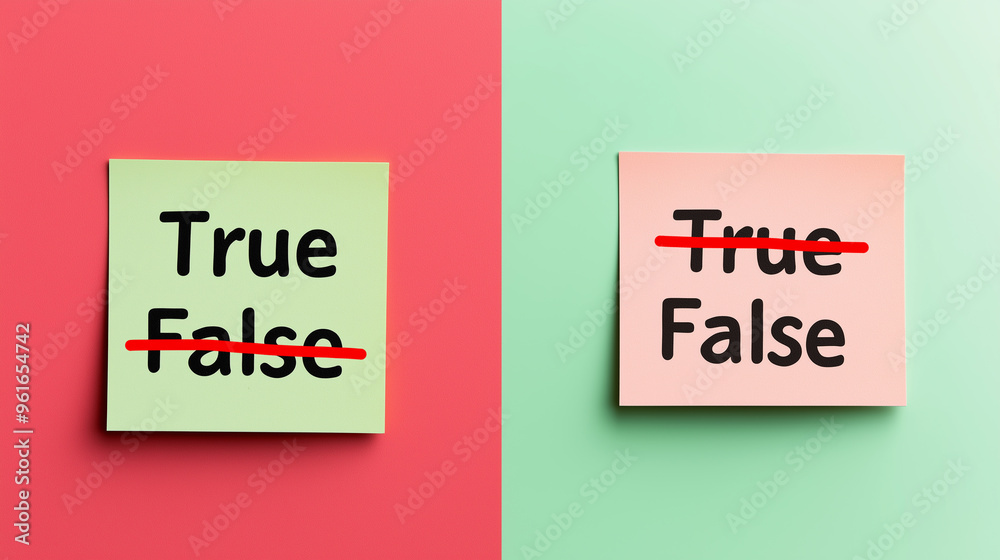 True and false check marks on sticky notes, concept of right and wrong ...