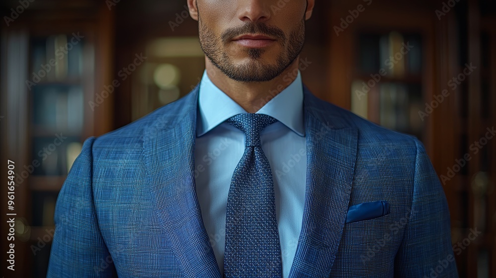 Stylish man in tailored blue suit and tie poses confidently in elegant interior with wooden shelves and books Stylish man in tailored blue suit and tie poses confidently in elegant interior with wooden shelves and books
