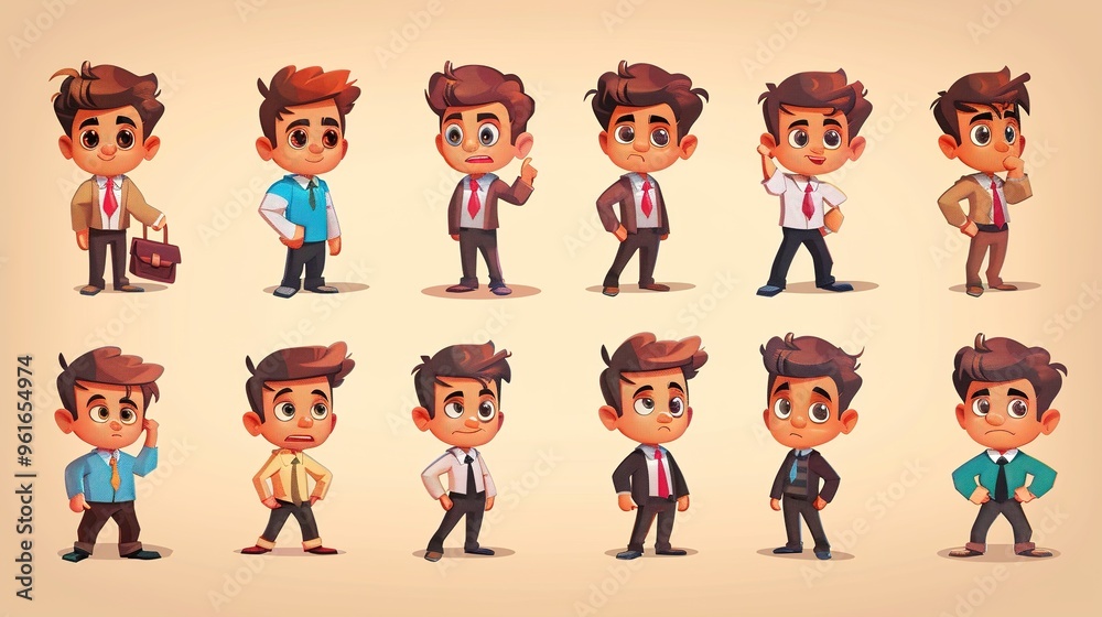 Cartoon business white - collar worker characters are busy in the office. They are wearing formal suits and ties, with briefcases in their hands. They are discussing work matters, showing professional Cartoon business white - collar worker characters are busy in the office. They are wearing formal suits and ties, with briefcases in their hands. They are discussing work matters, showing professional